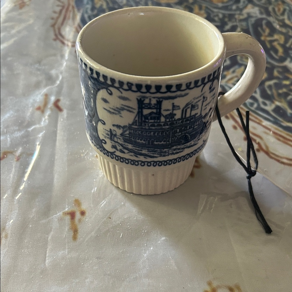 Blue and White Riverboat Pattern Ceramic Mug